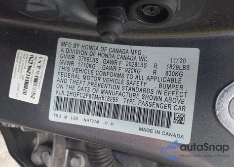 2021 Honda Civic Sport из США, поврежденный, VIN 2HGFC2F87MH518295